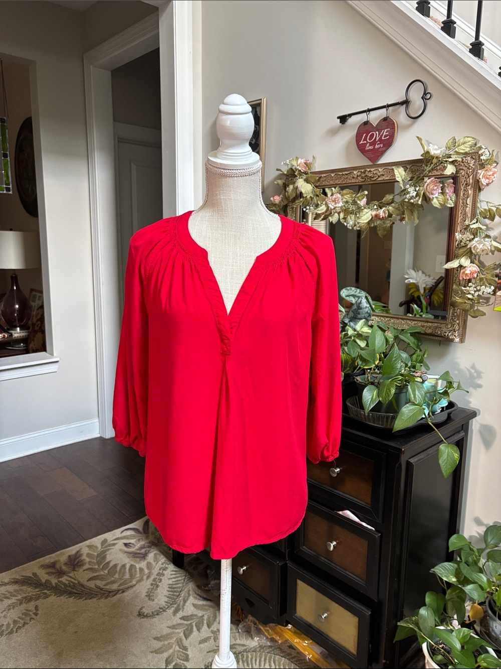 Crown and Ivy Women’s Red Blouse - Lightweight V-Neck Top size L